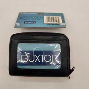 Buxton Card Wallet Black Leather For Credit Cards & Money 2 Zipper Compartments